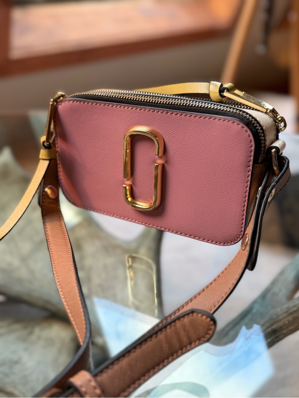 Marc Jacobs Rose Pink Leather Colorblock crossbody Camera Bag with Unbrand Strap